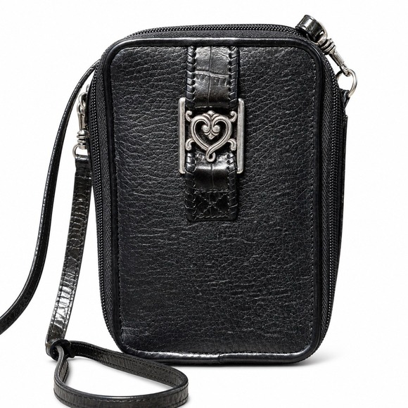 Brighton Handbags - Brighton Women's Black Leather Crossbody Wallet Organizer Bag Heart Croc Accent